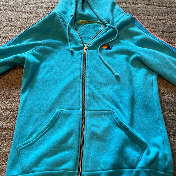 AVIATOR NATION CLASSIC 4 STRIPE ZIP HOODIE - NEON BLUE // NEON RAINBOW STRIPES - Picture 4 of 6